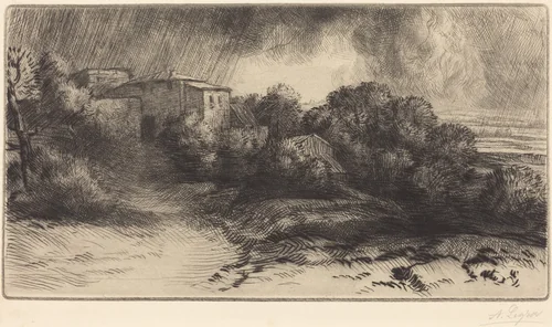 La Ferme de Brieux (Effect d'orage) (Farm at Brieux in a Storm) by Alphonse Legros, print, 1837-1911