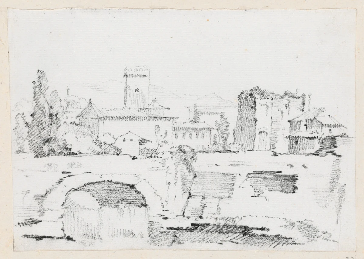 An Italian Town with a Stone Bridge and a Waterfall by Joseph-Marie Vien, drawing, 1744-1750