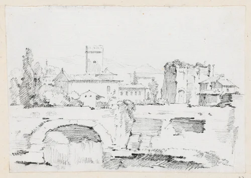 An Italian Town with a Stone Bridge and a Waterfall by Joseph-Marie Vien, drawing, 1744-1750