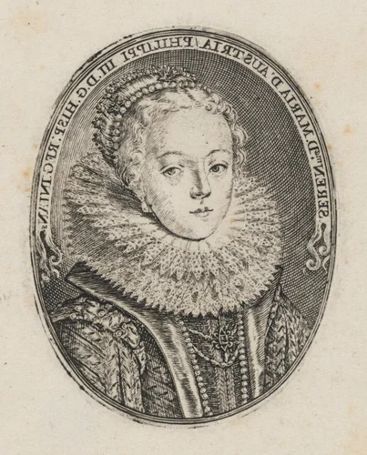 Maria of Austria, Infanta of Spain [top half] by Simon van de Passe, print, 1595-1647