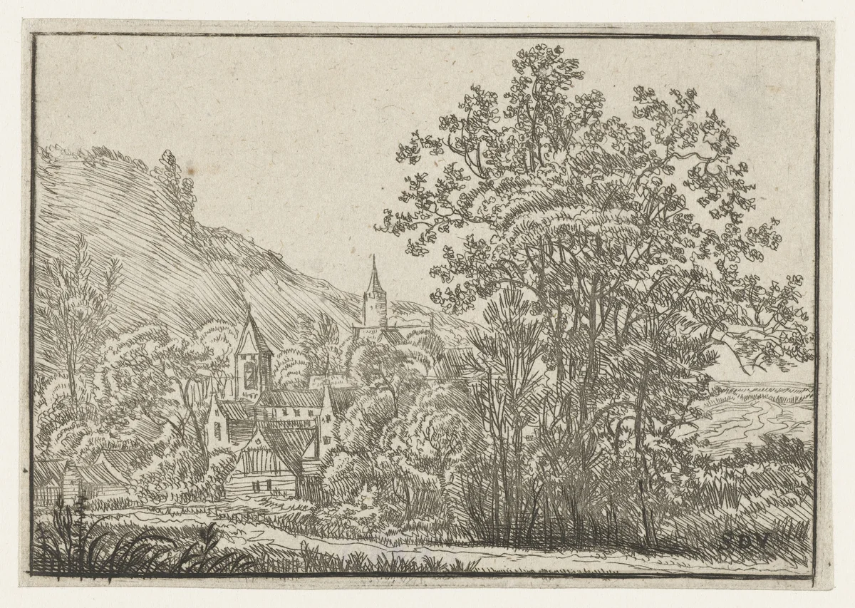 Dorp met twee torens by anonymous, print, 1610-1703