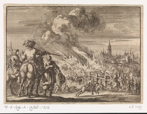 Lodewijk II van Bourbon-Condé laat de brug van Straatsburg verbranden, 1672 by Jan Luyken, print, 1698