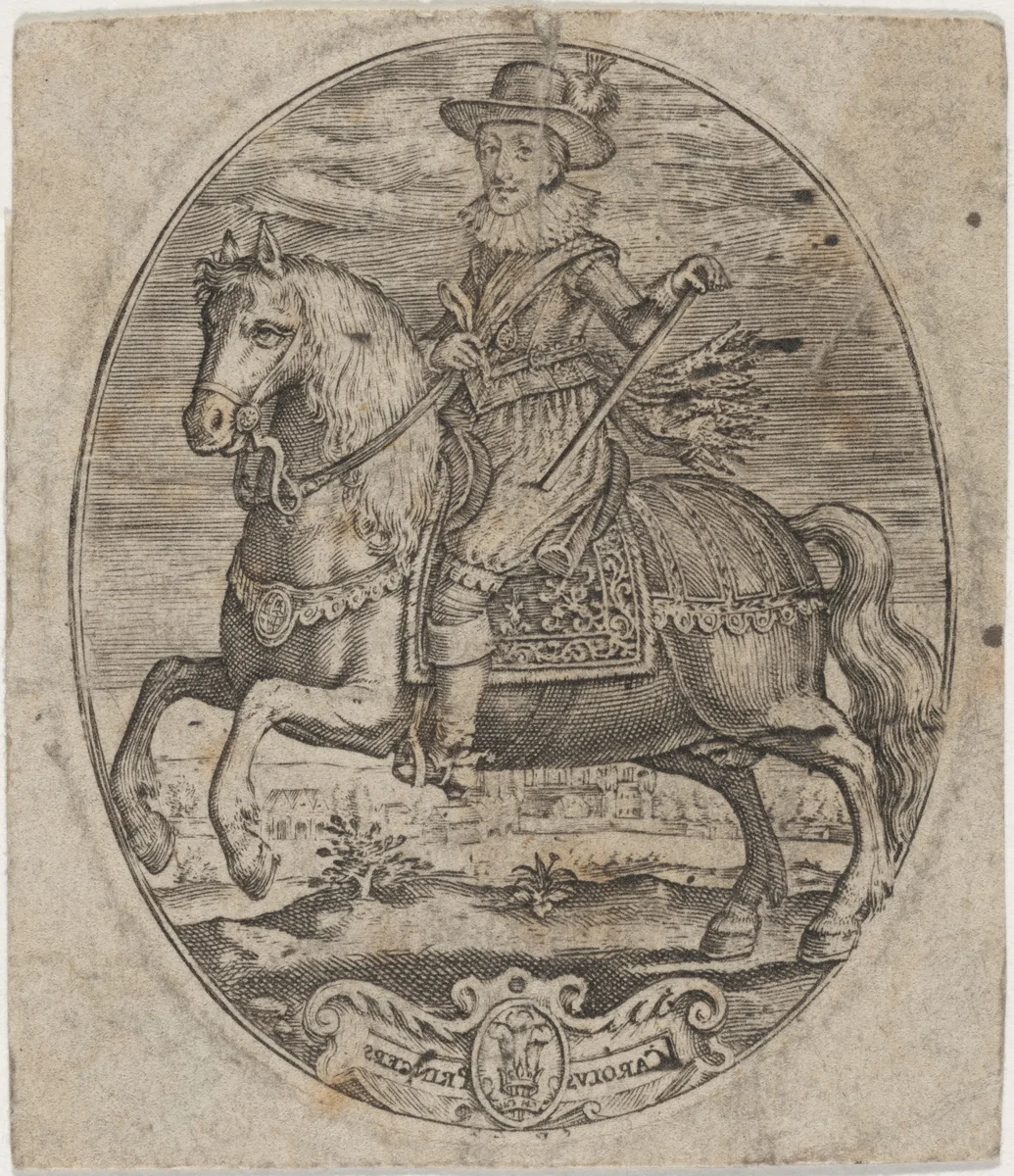 Charles I, King of England, on Horseback by Simon van de Passe, print, 1595-1647