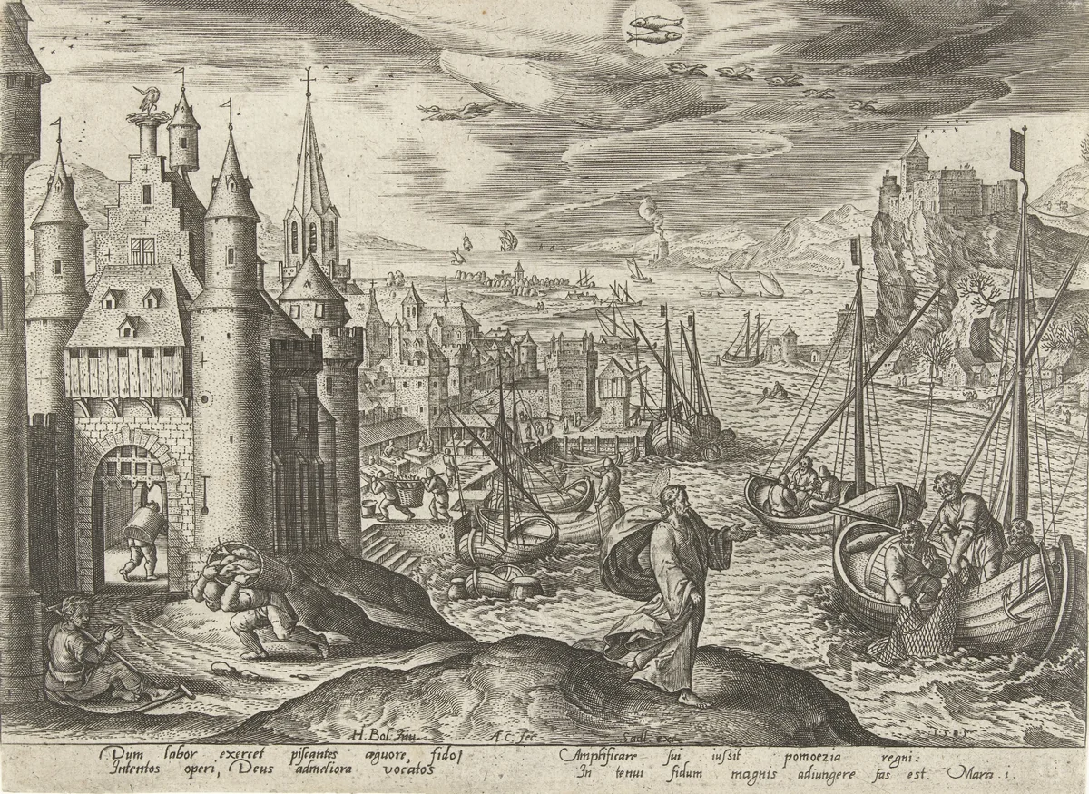 Februari: roeping van Petrus en Andreas by Unknown, print, 1585