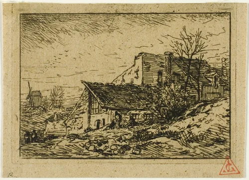 Landscape with Peasant Dwellings and Mill by Charles-Émile Jacque, print, 1846