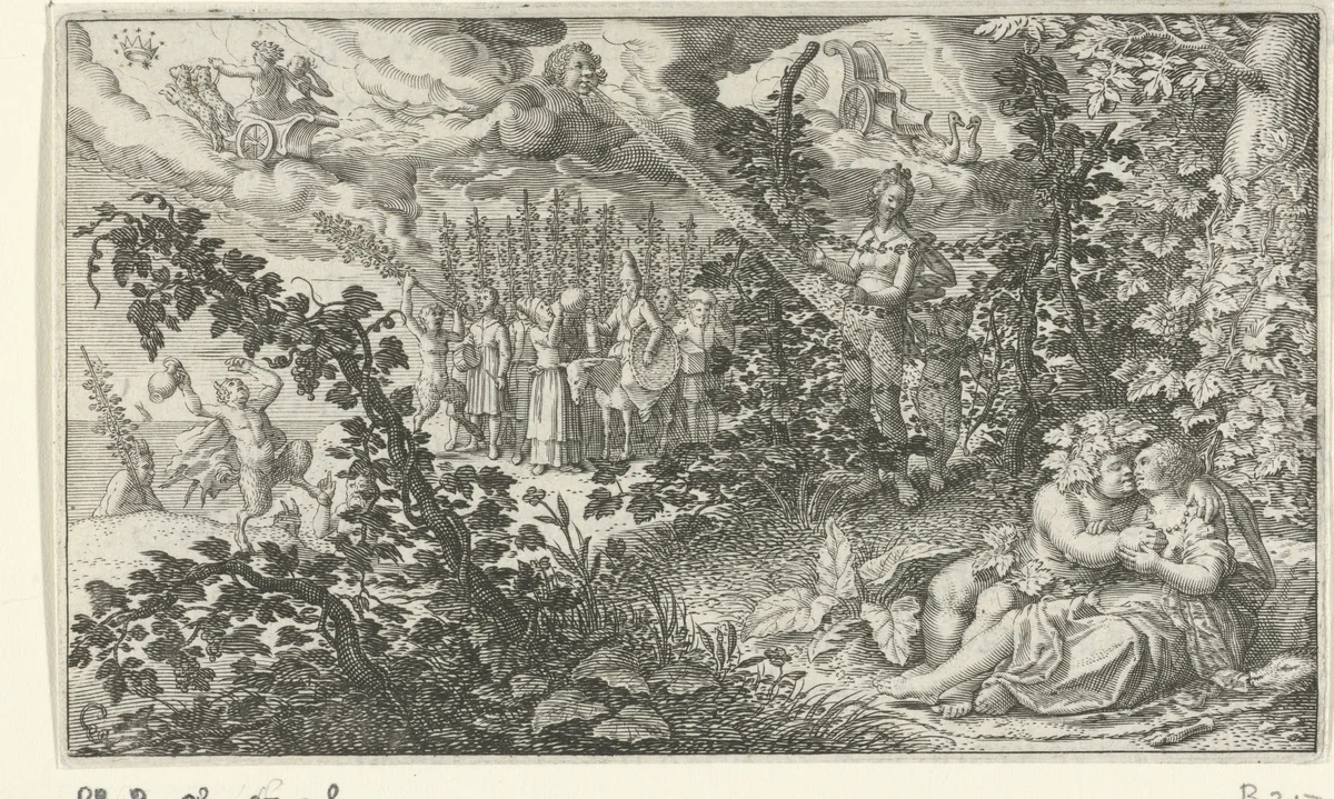 Bacchus en Ariadne als geliefden by Jacob Matham, print, 1616