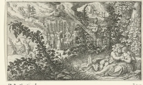 Bacchus en Ariadne als geliefden by Jacob Matham, print, 1616
