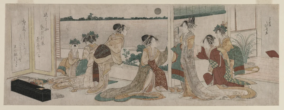 Tsukasa and Other Courtesans of the Ogiya Watching the Autumn Moon Rise Over Rice Fields from a Balcony in the Yoshiwara by Katsushika Hokusai (葛飾 北斎), print, 1799