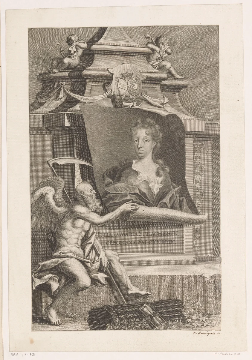 Portret van Juliana Maria Schacher by Martin Bernigeroth, print, 1709-1733