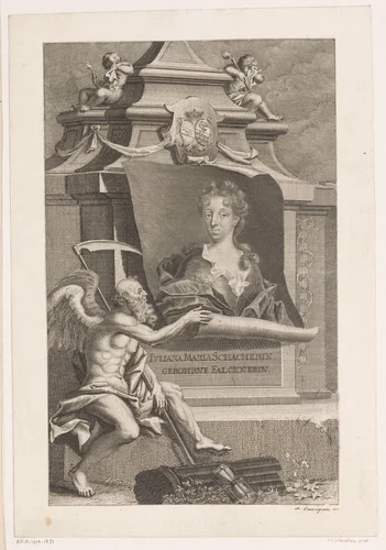 Portret van Juliana Maria Schacher by Martin Bernigeroth, print, 1709-1733