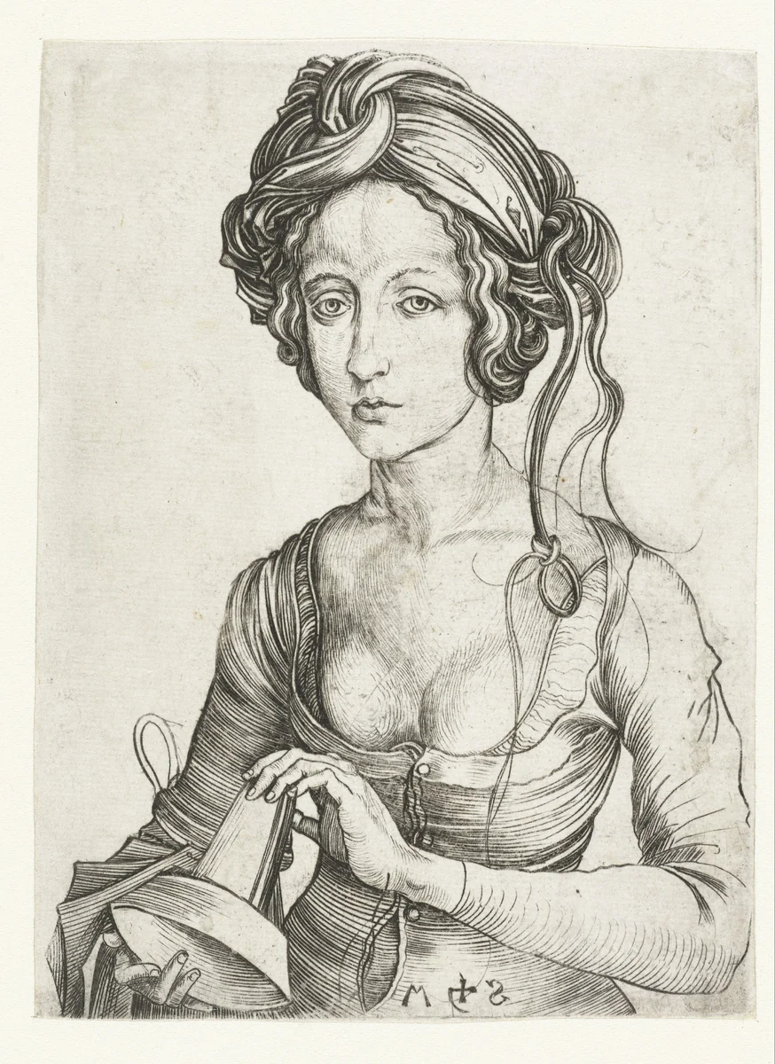 Een dwaze maagd (halffiguur) by Unknown, print, 1470-1491