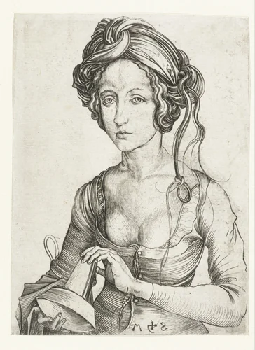 Een dwaze maagd (halffiguur) by Unknown, print, 1470-1491
