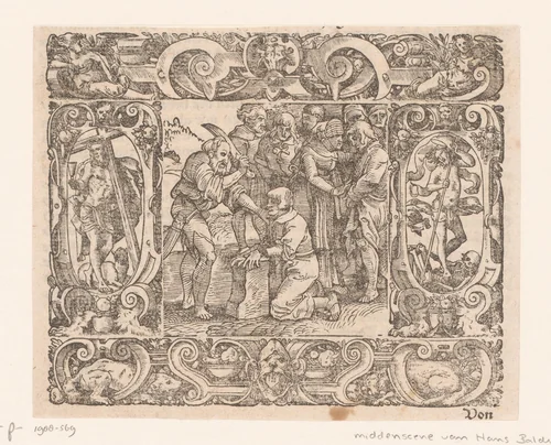 Marteldood van de zeven broers en hun moeder uit Makkabeeën, in een omlijsting met Christus als overwinnaar op de Dood by anonymous, print, 1520-1540