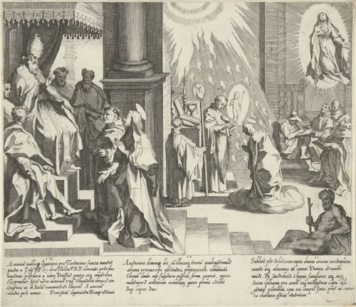 Catharina vraagt paus Gregorius XI om terug te keren naar Rome / Christus verschijnt aan Catharina / Catharina verschijnt aan geleerden by Pieter de Jode, print, 1597