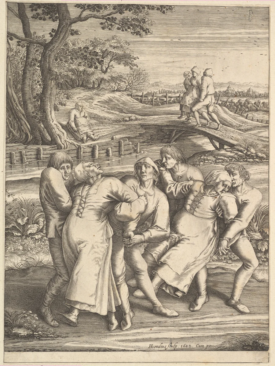 Epileptics Walking to the Left from Pilgrimage of the Epileptics to the Church at Molenbeeck by Hendrick Hondius, print, 1642