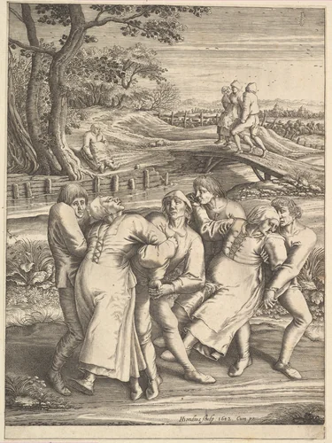 Epileptics Walking to the Left from Pilgrimage of the Epileptics to the Church at Molenbeeck by Hendrick Hondius, print, 1642
