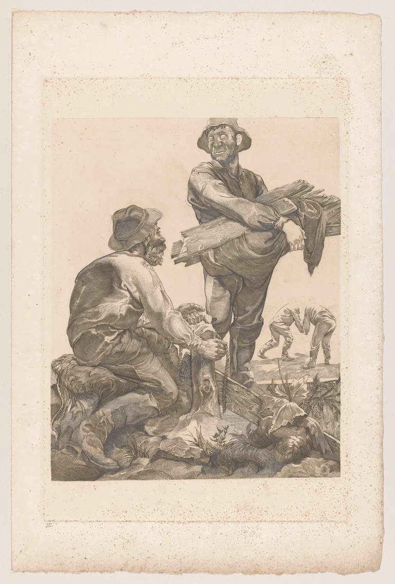 Twee arbeiders met touw en planken by Johannes Josephus Aarts, print, 1881-1934