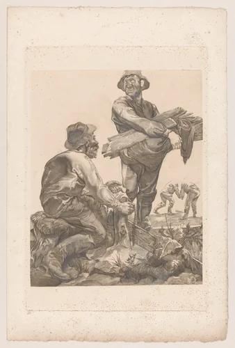 Twee arbeiders met touw en planken by Johannes Josephus Aarts, print, 1881-1934