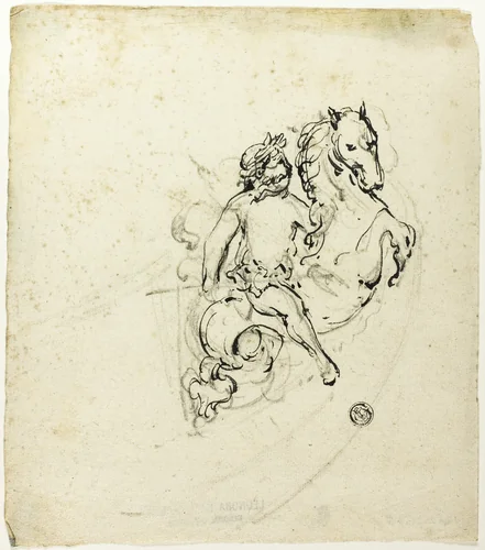 Putto Crowned with Laurel, on Prancing Horse by Unknown Artist, drawing, 1700-1799