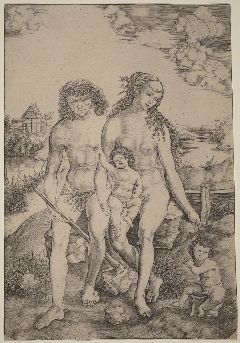 Adam and Eve with the Infants Cain and Abel by Cristofano Robetta, print, 1462-1535