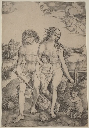 Adam and Eve with the Infants Cain and Abel by Cristofano Robetta, print, 1462-1535