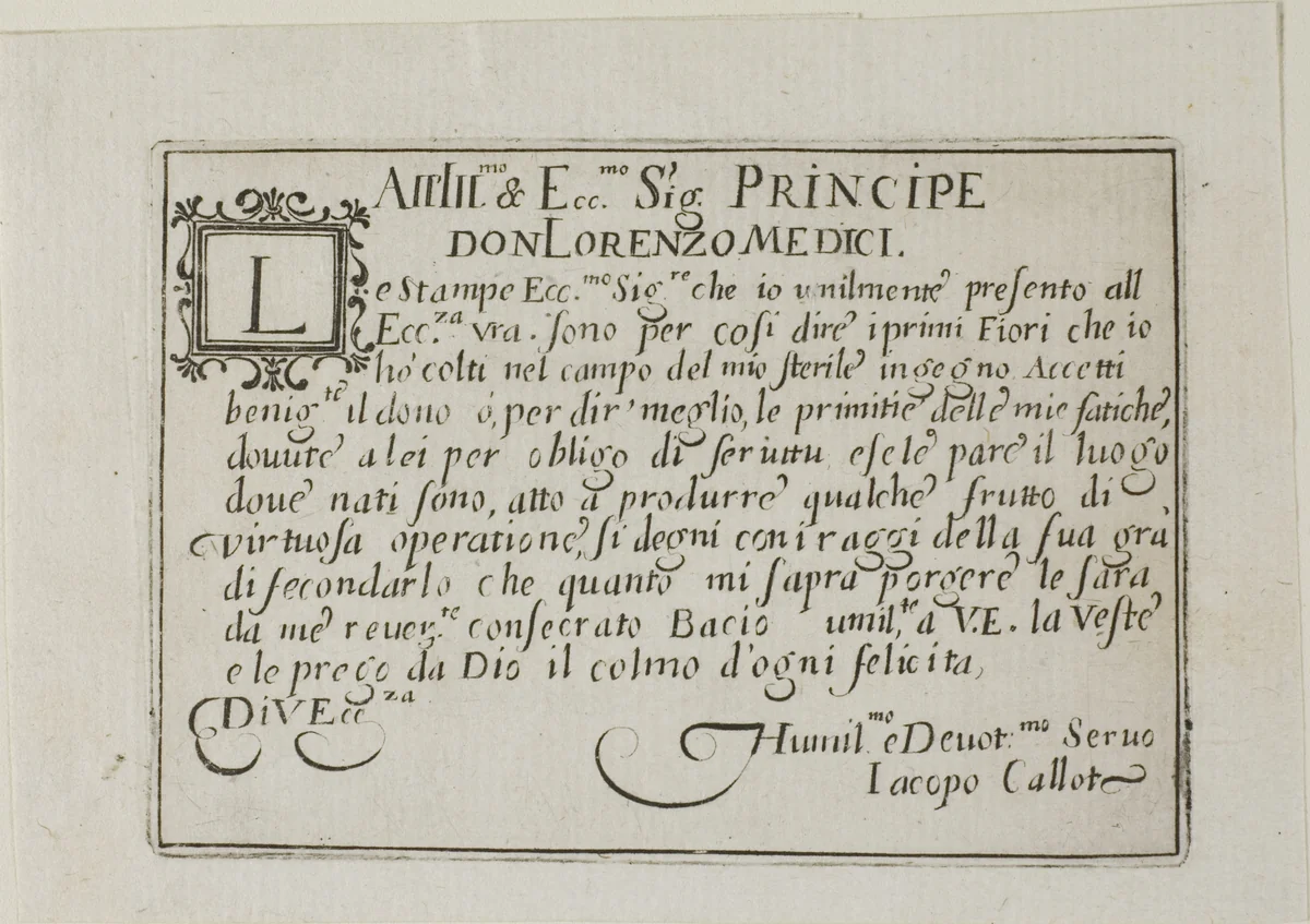 Dedication to Don Lorenzo de'Medici, from The Caprices by Jacques Callot, print, 1617-1627