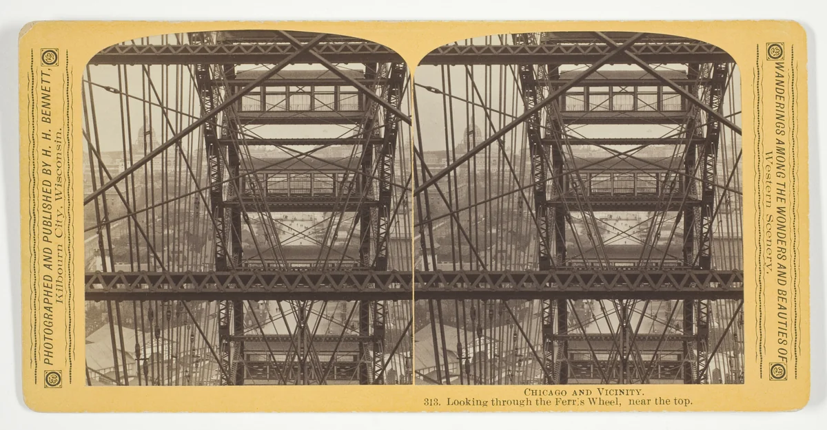 Looking through the Ferris Wheel, near the top, from the series "Chicago and Vicinity" by Henry Hamilton Bennett, photograph, 1893
