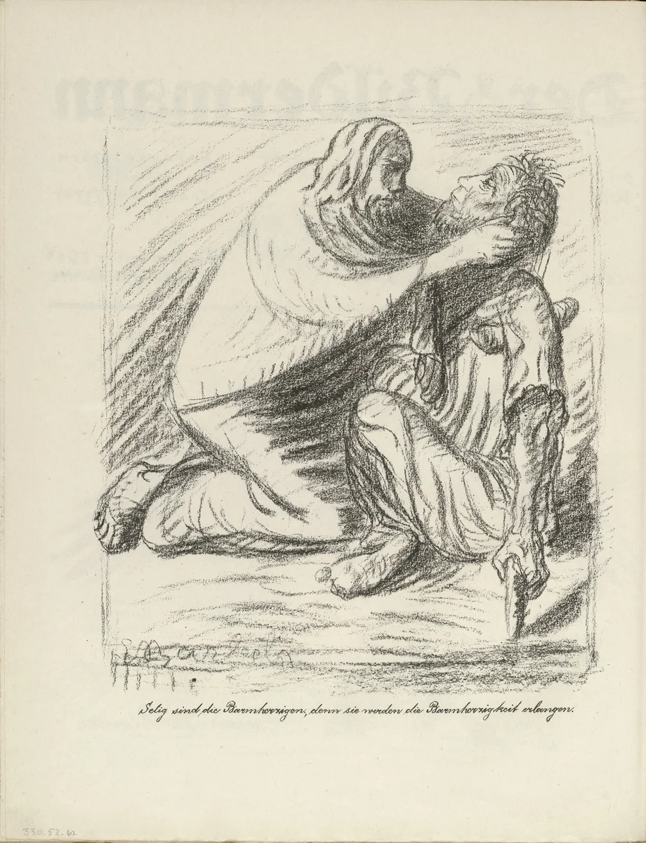 Blessed are the Merciful (Selig sind die Barmherzigen) (plate, folio 32 verso) from the periodical Der Bildermann, vol. 1, no. 16 (Nov 1916) by Ernst Barlach, periodical, 1916