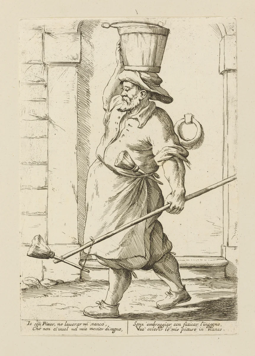 Mason Going to Whitewash Walls, from Di Bologna l'Arti per via D'An.ibal' Ca.rac, plate 7 by Giuseppe Maria Mitelli, print, 1660