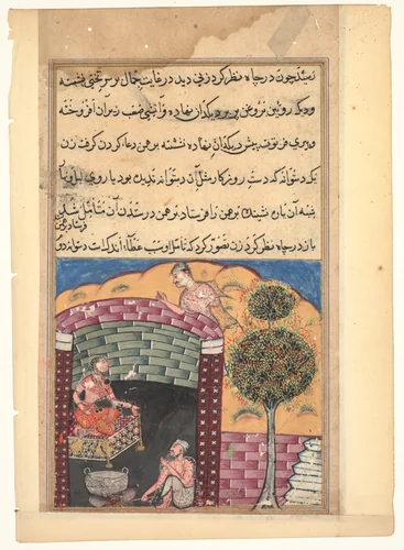 The Brahman gambler sees the daughter of the king of the jinns in a pit together with an old man and a cauldron of boiling oil, from a Tuti-nama (Tales of a Parrot: Seventh Night) by Unknown, painting, 1555-1565