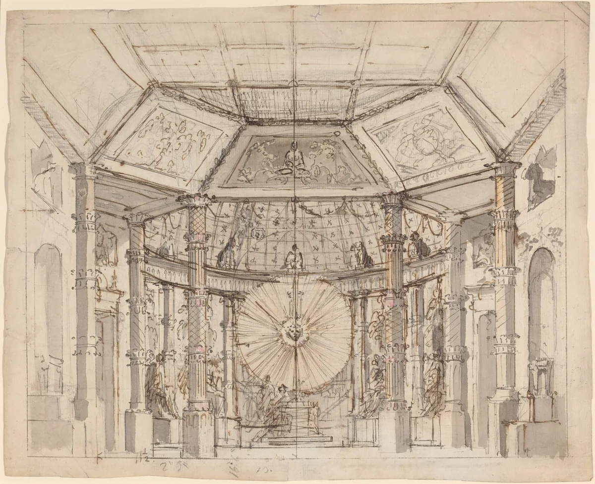 Stage Design for a Domed Temple Interior with a Sun Disk above the Altar by Josef Ignáz Platzer, drawing, 1780-1790