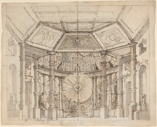 Stage Design for a Domed Temple Interior with a Sun Disk above the Altar by Josef Ignáz Platzer, drawing, 1780-1790