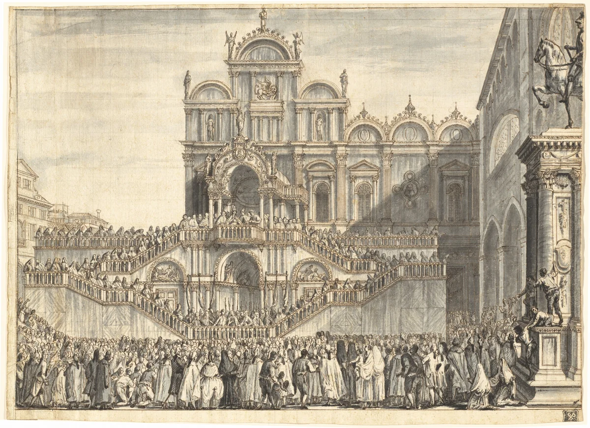 Campo San Zanipolo Decorated for the Visit of Pius VI by Domenico Fossati, drawing, 1782
