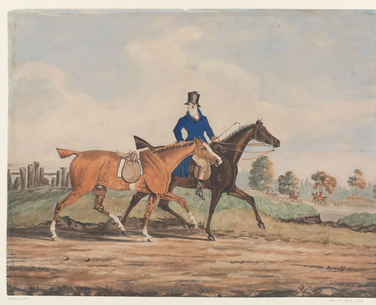 Heerrijden met twee renpaarden by anonymous, drawing, 1800-1900