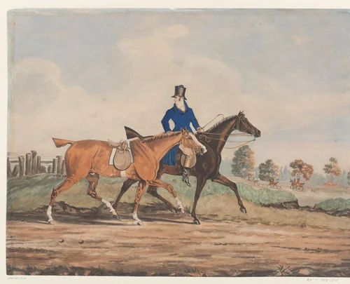 Heerrijden met twee renpaarden by anonymous, drawing, 1800-1900