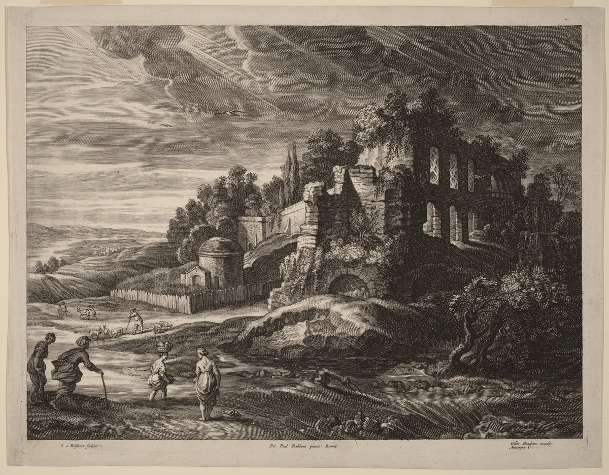 Landscape with Large Roman Ruins by Schelte Adams Bolswert, print, 1586-1659