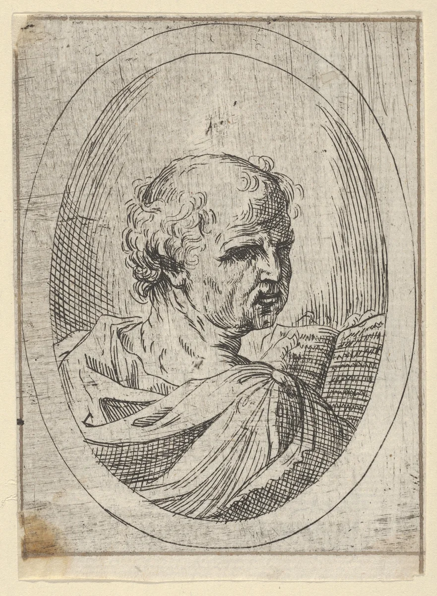 An apostle seen from behind and turning to the right, holding an open book, in an oval frame, from "Christ, the Virgin, and Thirteen Apostles" by anonymous, print, 1600-1640