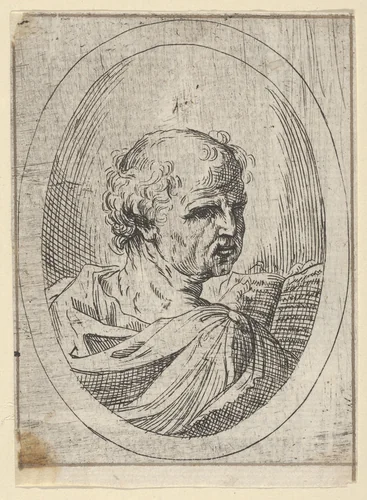An apostle seen from behind and turning to the right, holding an open book, in an oval frame, from "Christ, the Virgin, and Thirteen Apostles" by anonymous, print, 1600-1640