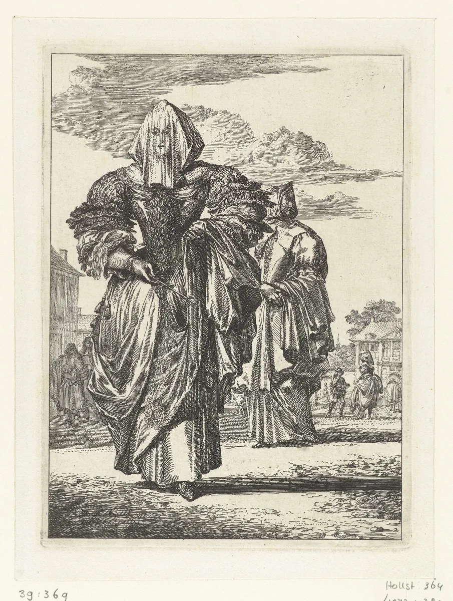Figures à la mode, no. 2: gesluierde dame by Romeyn de Hooghe, print, 1670-1685