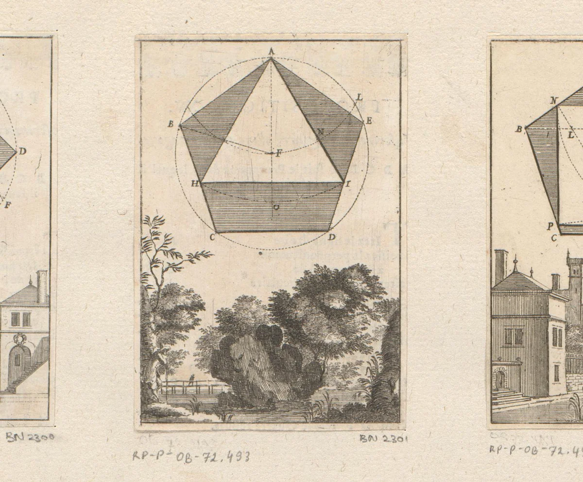 Constructie van een driehoek in een vijfhoek met onderaan een boslandschap by Sébastien Leclerc, print, 1669