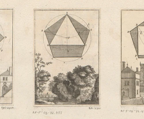Constructie van een driehoek in een vijfhoek met onderaan een boslandschap by Sébastien Leclerc, print, 1669