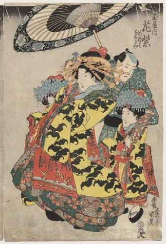 The Courtesans Hanamurasaki and Koshikibu of the Tamaya Promenading in the Rain by Utagawa Kunisada (歌川国貞), print, 1830-1834