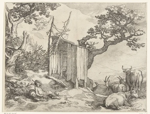 Landschap met Argus bij Io als koe en Mercurius in de lucht by Boëtius Adamsz. Bolswert, print, 1612-1614