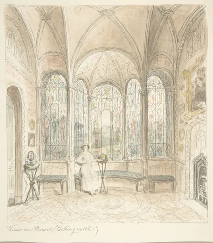 Lea Castle, Worcestershire, View in Bower, looking North by John Carter, drawing, 1811-1821