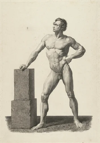 Naakte man, met de rechterhand op een stenen blok leunend by Henricus Wilhelmus Couwenberg, print, 1836