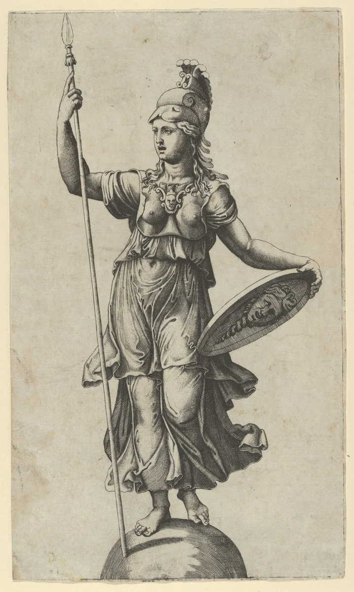 Pallas Athena standing on a globe, a spear in her left hand, a shield in her right by Marcantonio Raimondi, print, 1515-1525