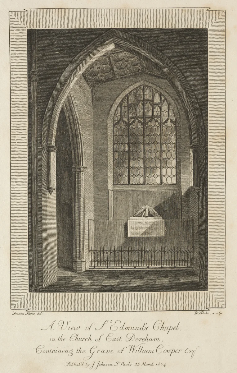View of St. Edmund's Chapel in the Church of East Dereham, containing the Grave of William Cowper Esquire by William Blake, print, 1804