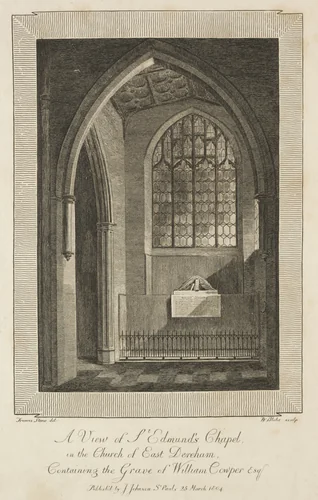 View of St. Edmund's Chapel in the Church of East Dereham, containing the Grave of William Cowper Esquire by William Blake, print, 1804