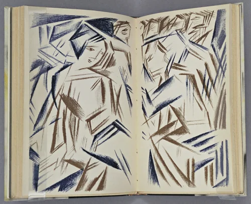 Double page plate (between pages 78 and 79) from Vertogradari Nad Lozami (Gardeners over the Vines) by Natalia Goncharova, illustrated book, 1913