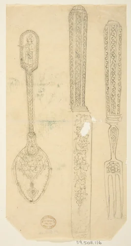Design for Silverware: Spoon, Knife, and Fork by anonymous, drawing, 1800-1899